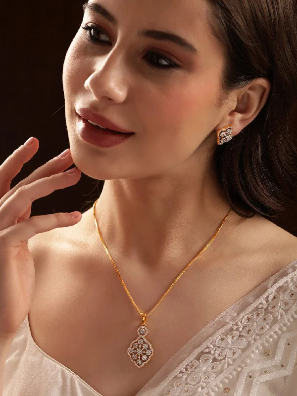 Morganite gem necklace-Rubans 22K Gold plated Pave Zirconia studded striking Pendant Set