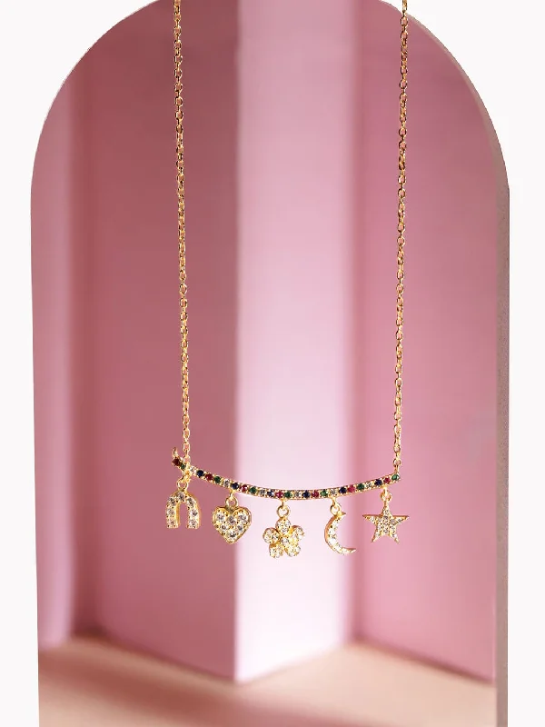 Rough stone necklace-Rubans 925 Silver 18K Gold plated multi charms zirconia necklace