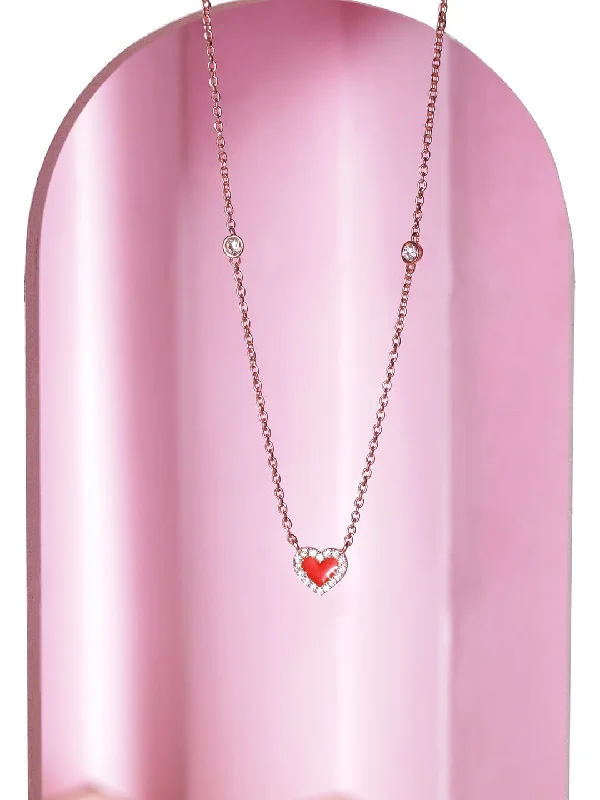 Retro style necklace-Rubans 925 Silver 18K Rose Gold Plated Red Heart Studded Charm Necklace