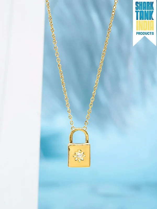 Stackable charm necklace-Rubans 925 Silver Lock The Moment Pendant Necklace - Gold Plated