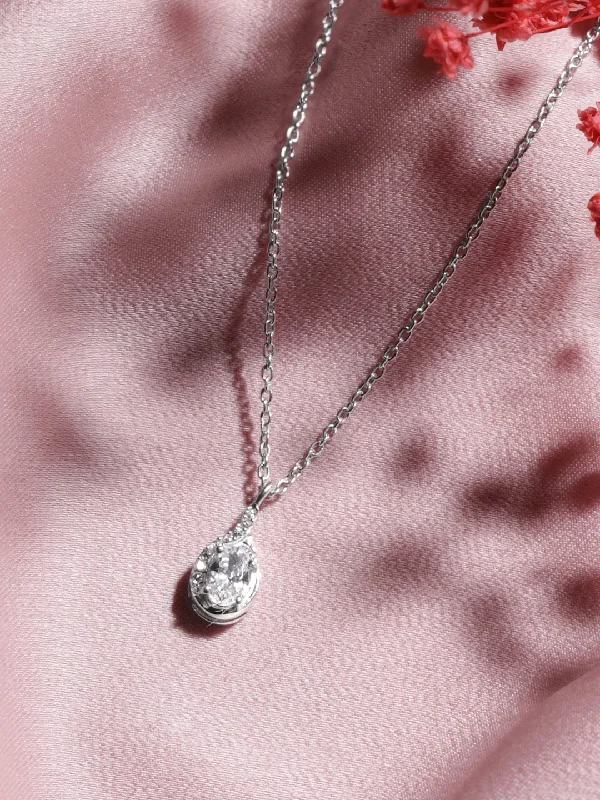 Engraved promise necklace-Rubans 925 Silver Rhodium plated zirconia studded pendant drop necklace.