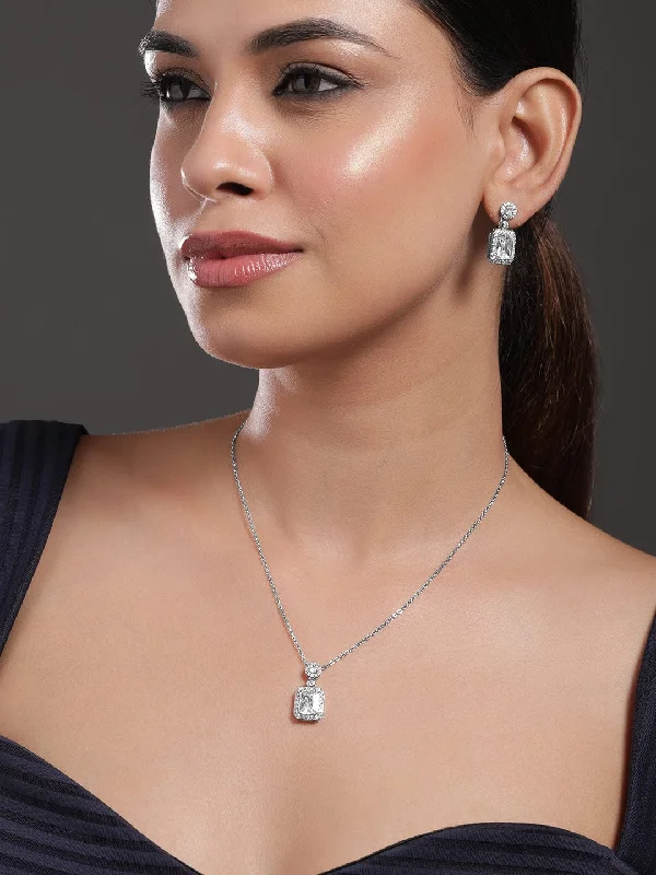 Statement chunky necklace-Rubans Rhodium Plated Ad & Cubic Zirconia Studded Premium Pendant Necklace Set