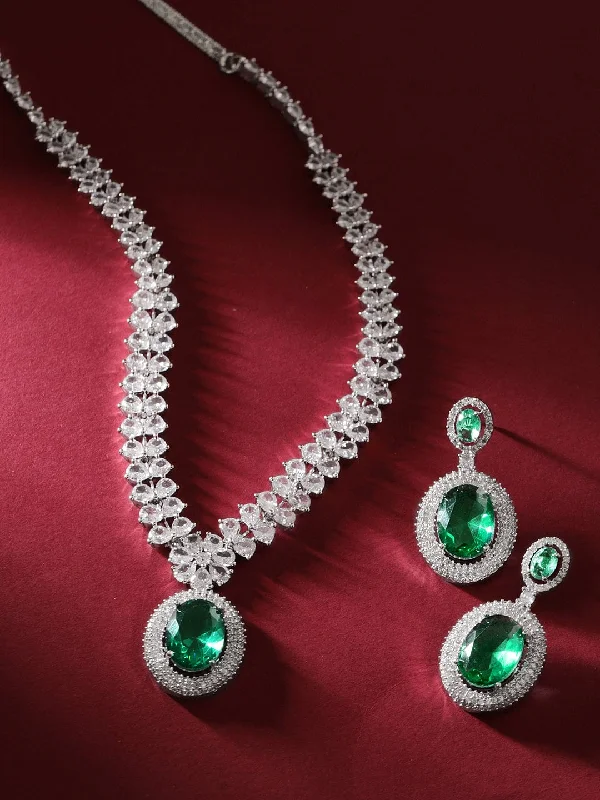 Triple layer necklace-Rubans Rhodium Plated Premium White & Emerald Solitaire Zircons Pendant Necklace Set