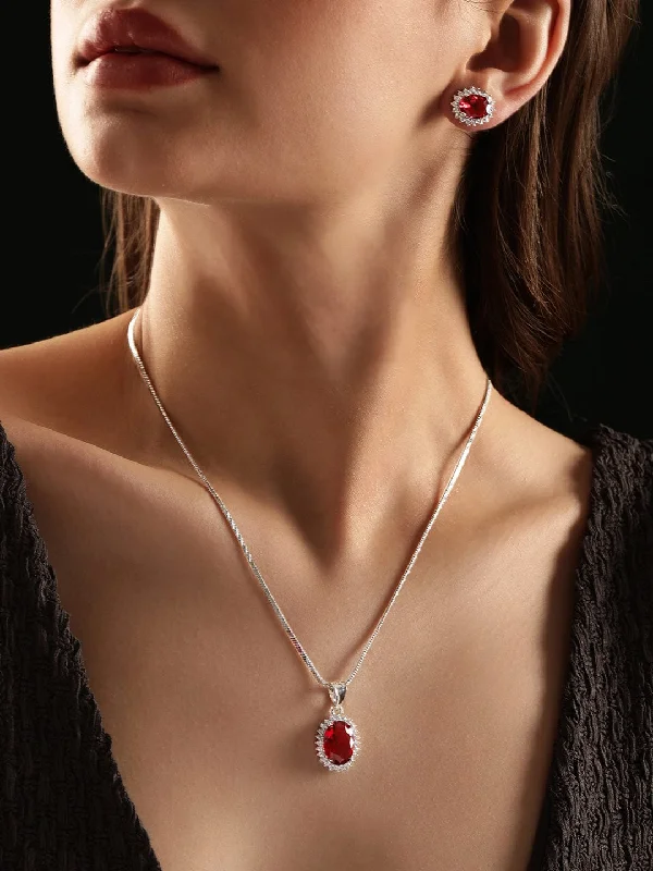 Bold zircon necklace-Rubans Rhodium plated Ruby Red zirconia Studded Oval Pendant Set