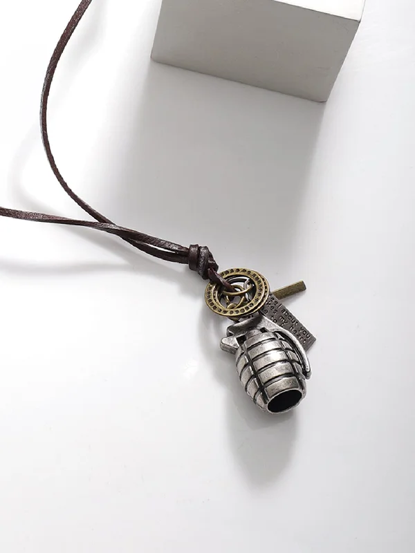 Serpent design necklace-Voguish Men Grenade Pendant With Brown Lather Adjustable Necklace.