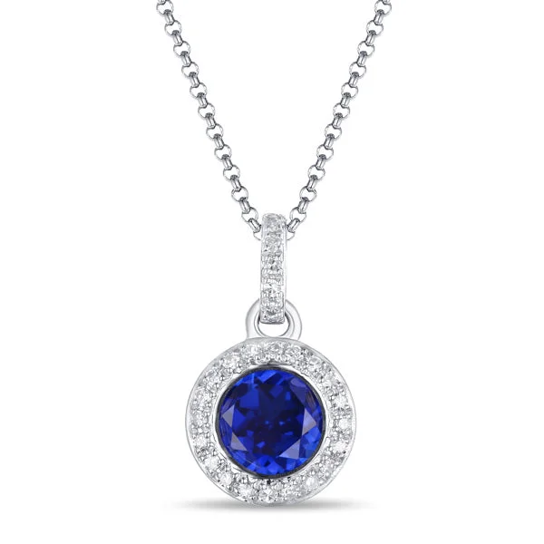 Textured chain necklace-Sapphire & Diamond Halo 14K White Gold Pendant Necklace