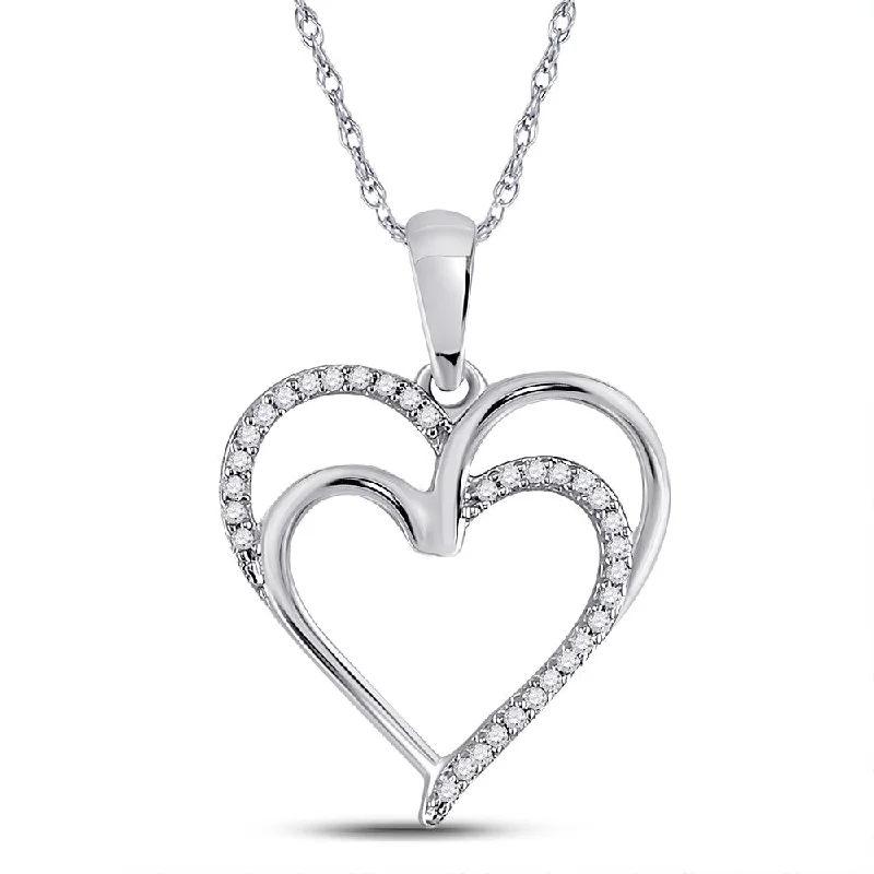 Rough stone necklace-Sterling Silver Womens Round Diamond Double Heart Pendant 1/10 Cttw