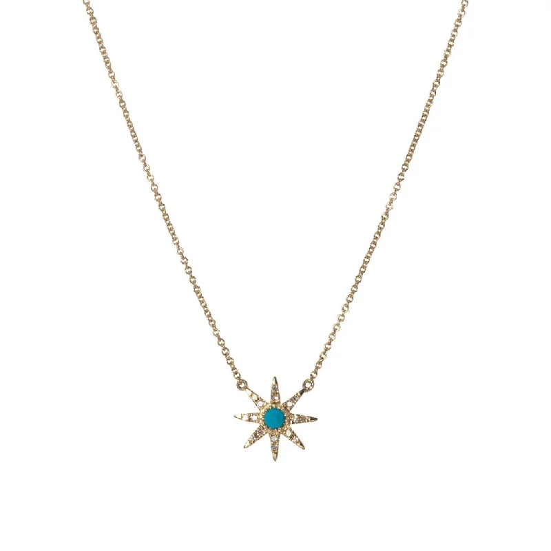 Crystal drop necklace-Turquoise & Diamond Starburst 14K Gold Pendant Necklace