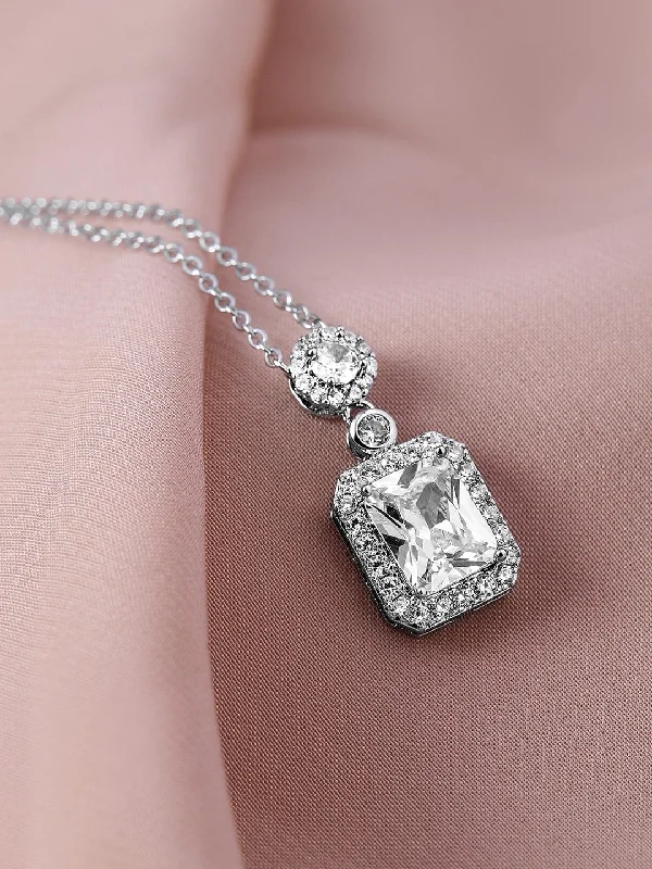 Victorian style necklace-Voguish Rhodium Plated Sparkling AD & Cubic Zirconia Studded Rectangle Pendant Necklace