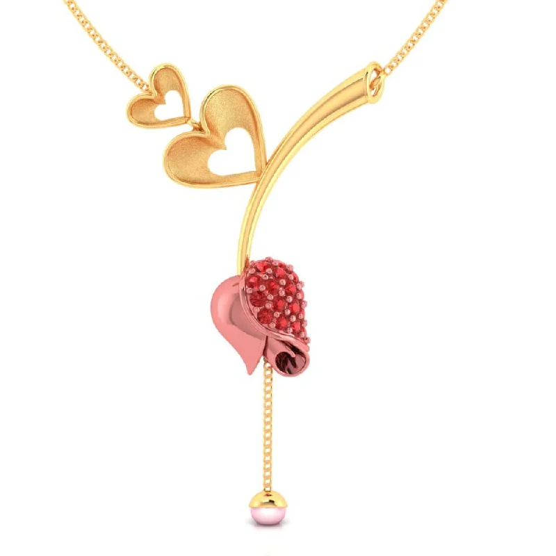 Modern minimalist necklace-14k Gold Necklace With Double Hearts On A Stone-studded Tulip And A Pearl Drop