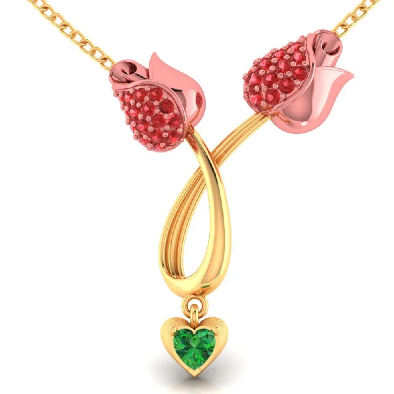 14k Gold Necklace With Stone-studded Double Tulips And A Heart Drop