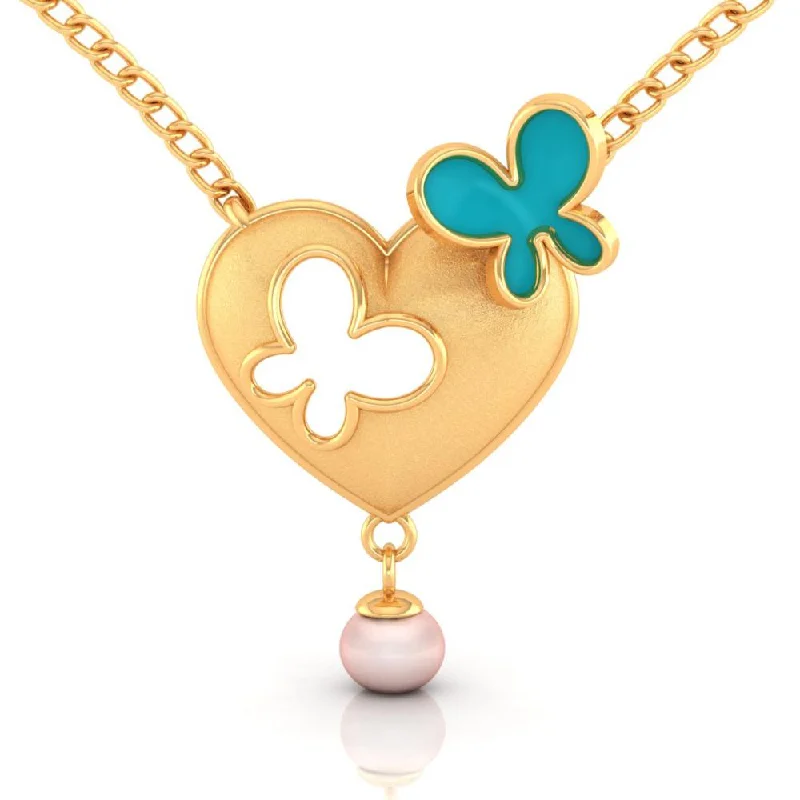 14k Heart-shaped Gold Necklace With Butterflies And A Pearl Drop