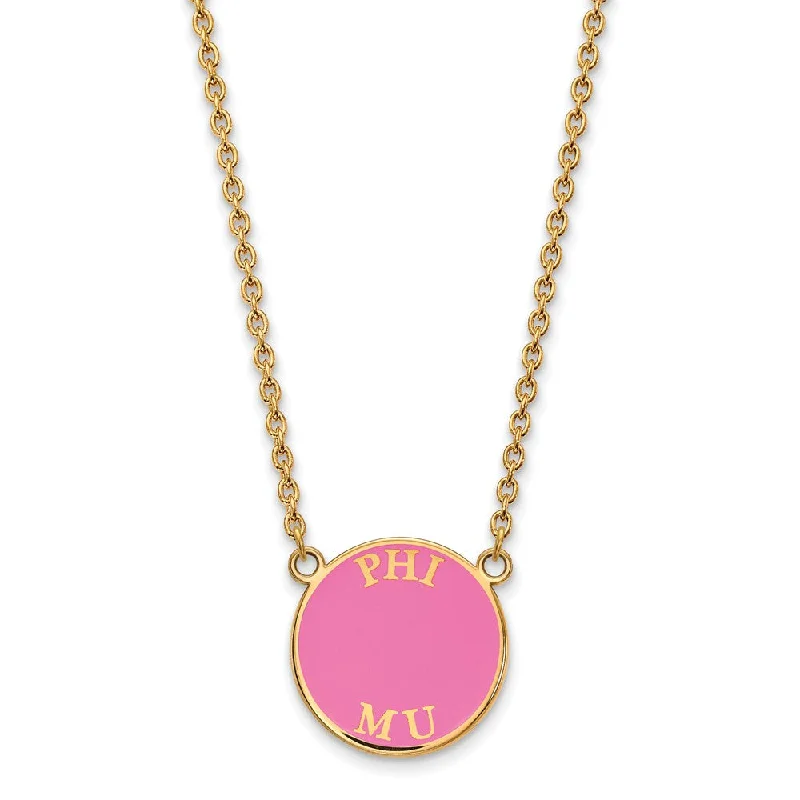 14K Plated Silver Phi Mu Large Pink Enamel Disc Necklace