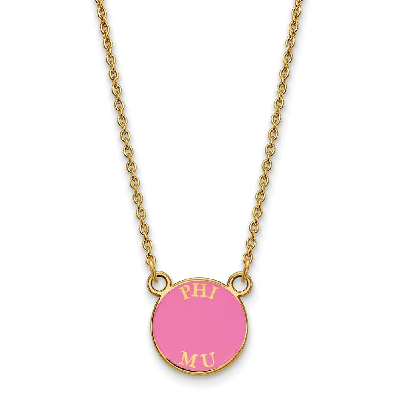 Hammered copper necklace-14K Plated Silver Phi Mu Small Pink Enamel Disc Necklace