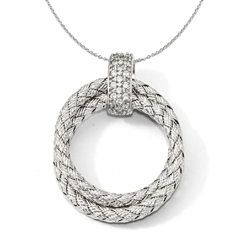 Double layer necklace-Rhodium Plated Sterling Silver & CZ Braided Round 22 x 29mm Necklace