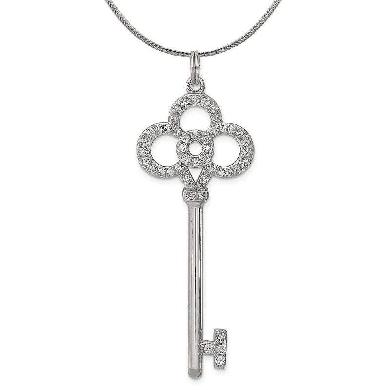 Silver Four Ring Cubic Zirconia Key Pendant, 1 7/8 In Necklace