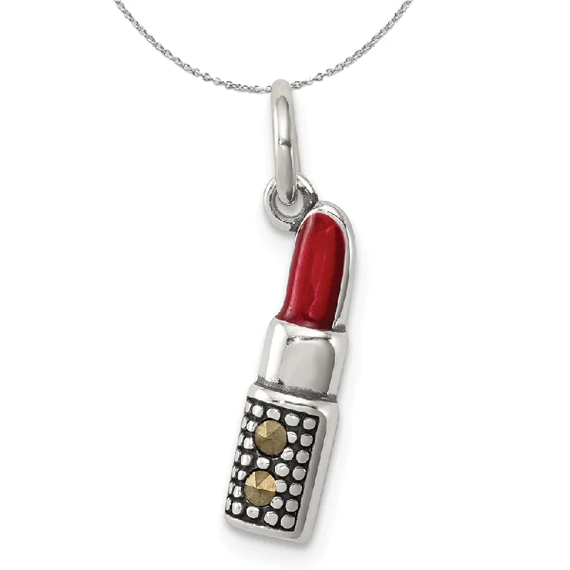 Black onyx necklace-Silver, Marcasite and Red Enamel Antiqued Lipstick Charm Necklace