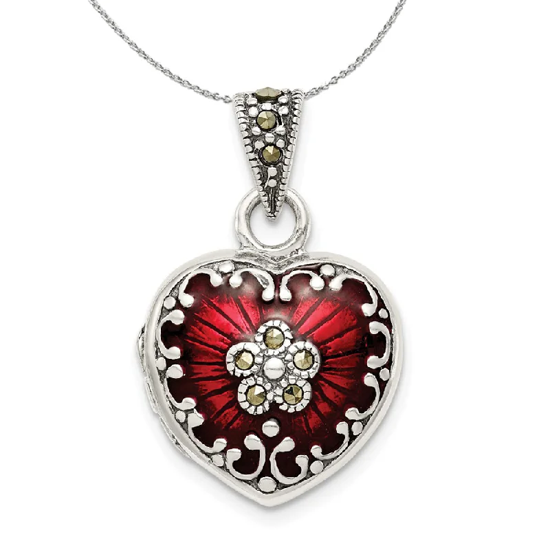 Silver, Red Enamel and Marcasite Antiqued Heart Locket, 16mm Necklace