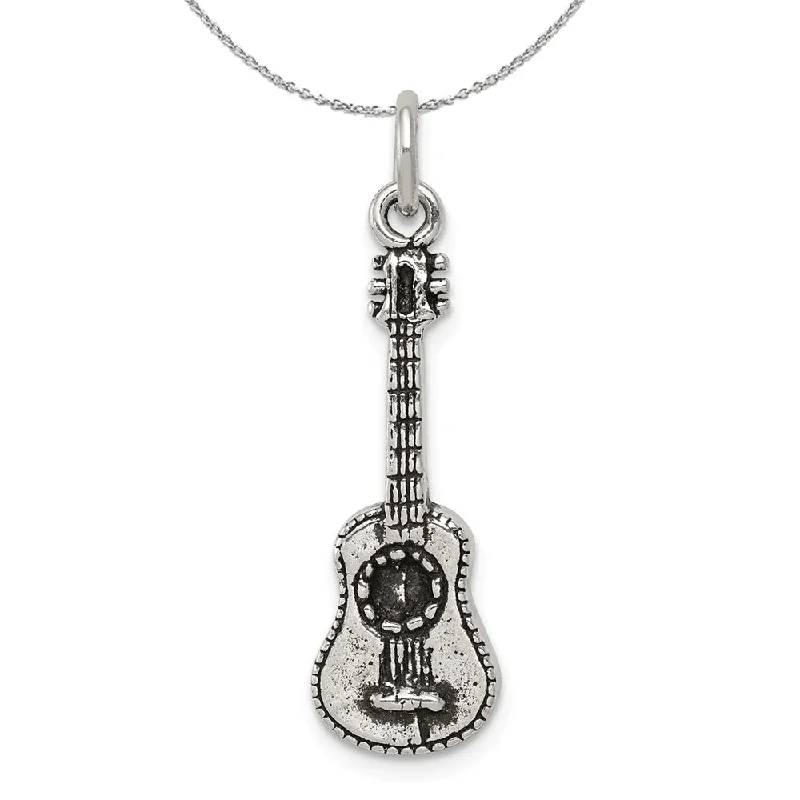 Black onyx necklace-Sterling Silver 3D Antiqued Acoustic Guitar Necklace