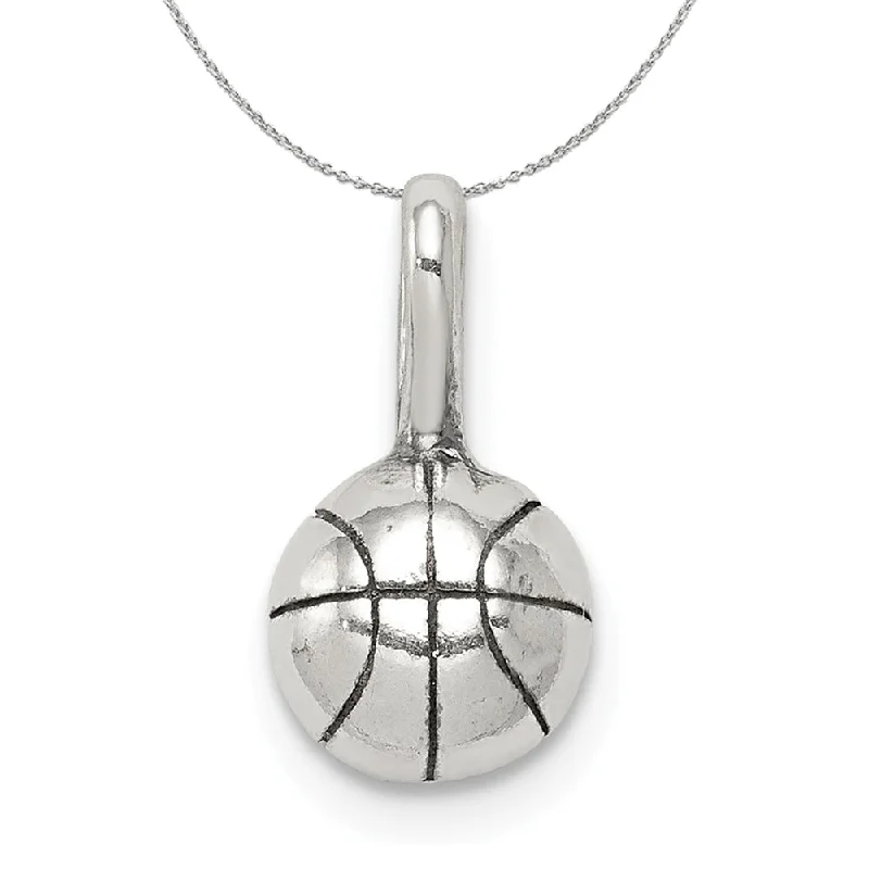 Leaf motif necklace-Sterling Silver 7mm Antiqued 3D Basketball Charm Necklace