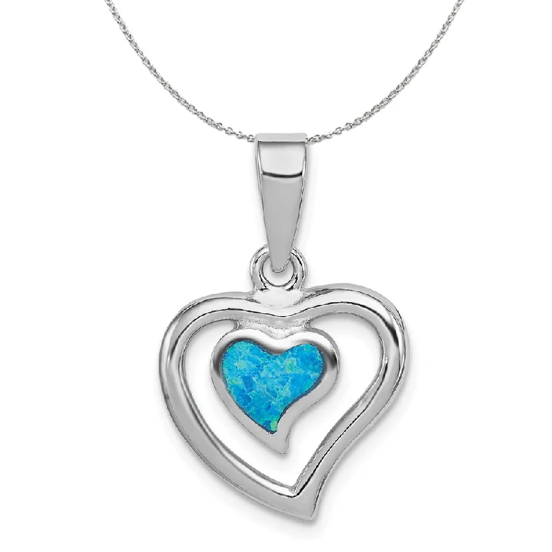 Infinity twist necklace-Sterling Silver and Created Blue Opal Inlay Double Heart 13mm Necklace