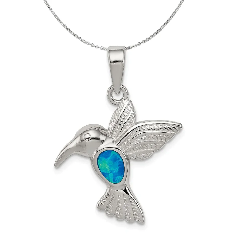 Moon phase necklace-Sterling Silver and Created Blue Opal Inlay Hummingbird Necklace