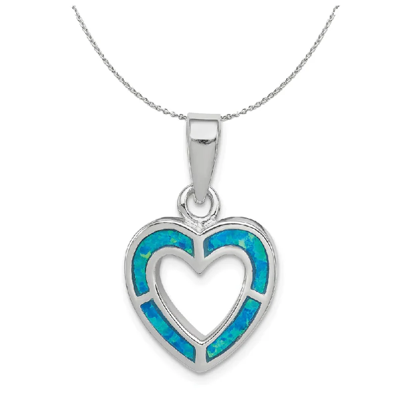 Vintage pearl necklace-Sterling Silver and Created Blue Opal Open Inlay Heart 15mm Necklace