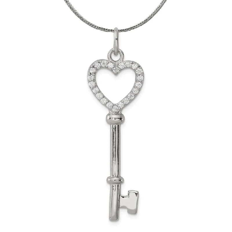 Sterling Silver and Cubic Zirconia Encrusted Heart Key Necklace