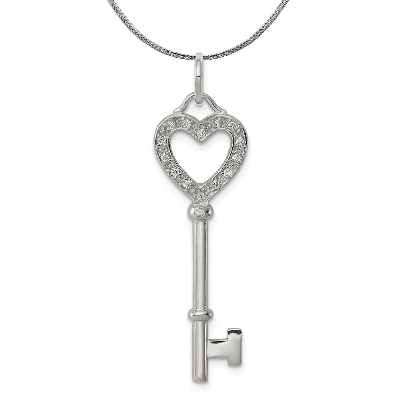 Vintage locket necklace-Sterling Silver and Cubic Zirconia Heart Key Pendant Necklace