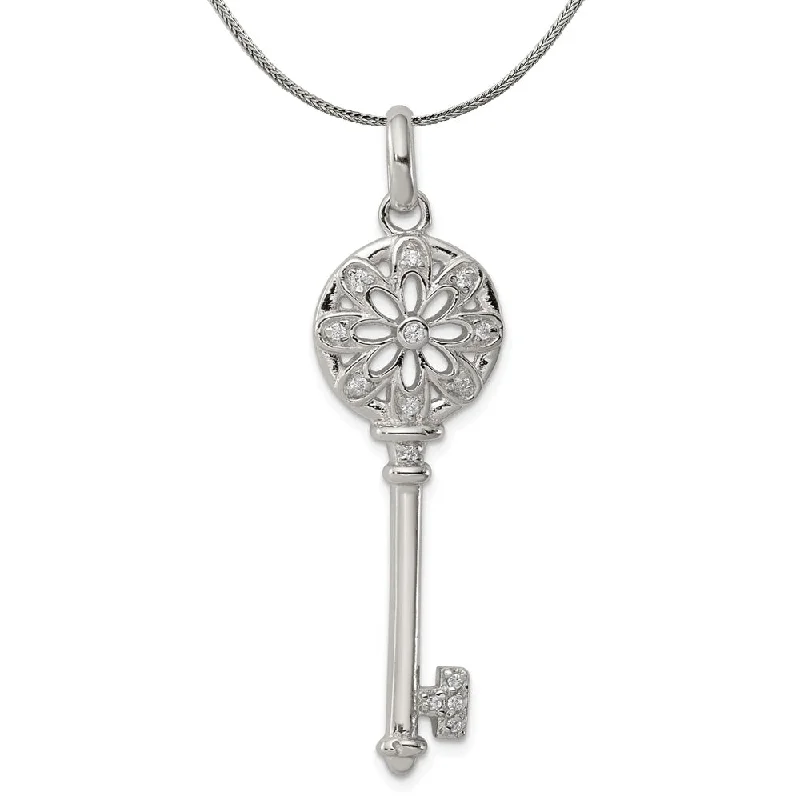 Square pendant necklace-Sterling Silver and Cubic Zirconia Vintage Floret Key Pendant Necklace