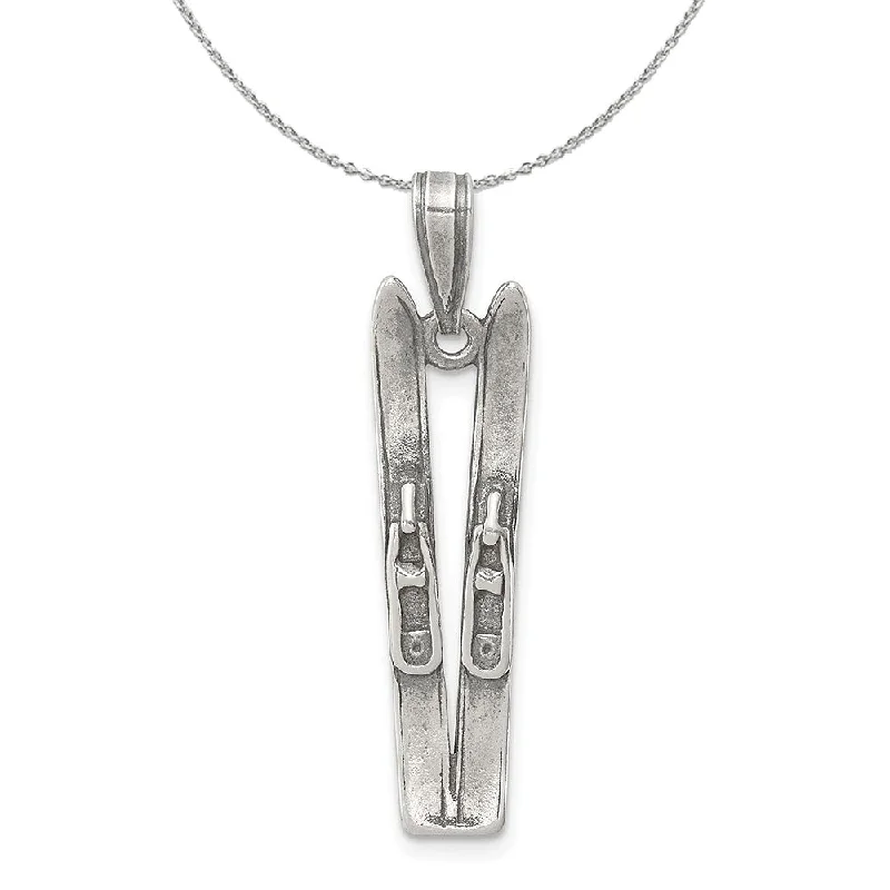 Sterling Silver Antiqued 3D Pair of Snow Skis Necklace