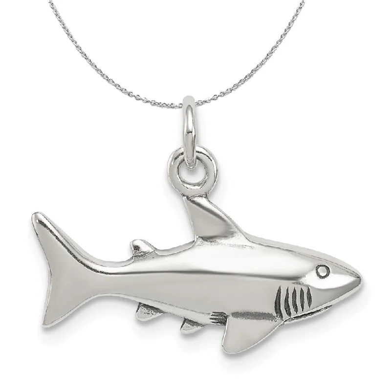 Rustic wooden necklace-Sterling Silver Antiqued Shark Charm Necklace