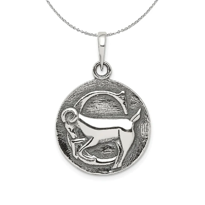 Personalized name necklace-Sterling Silver Capricorn the Goat Zodiac Embossed Circle Necklace