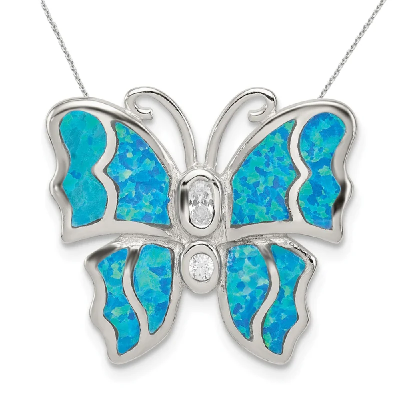 Sterling Silver, Created Opal & CZ Butterfly 20mm Necklace