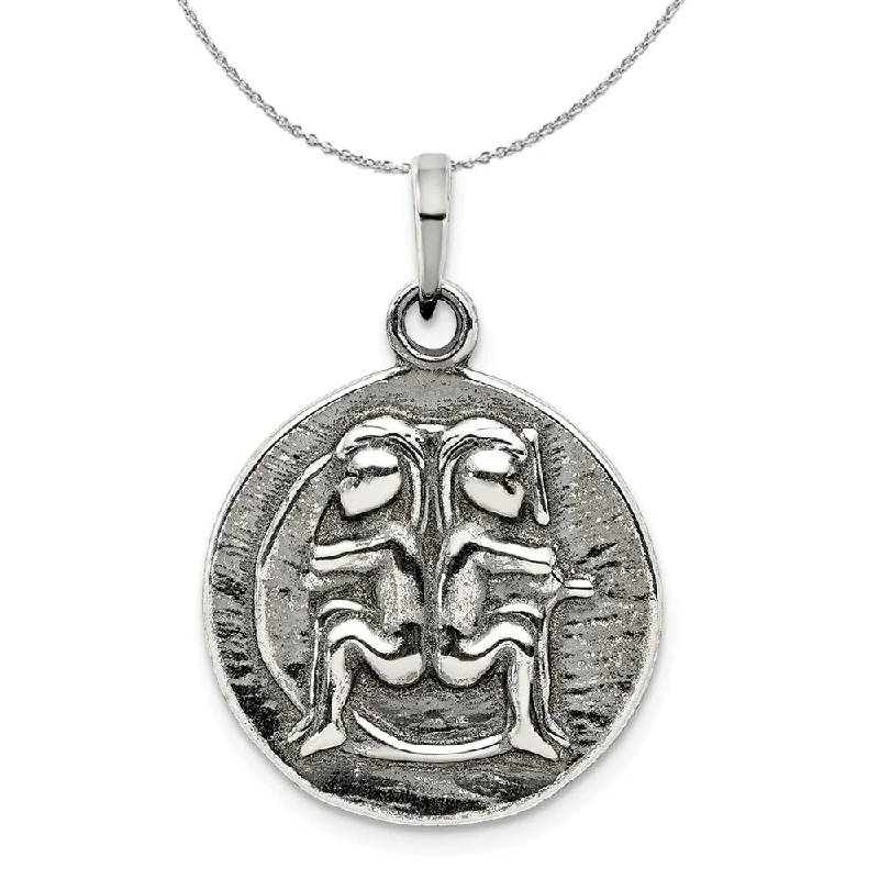 Side stone necklace-Sterling Silver Gemini the Twins Zodiac Embossed Circle Necklace