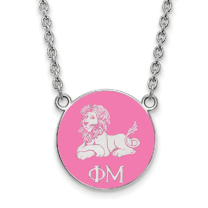 Sterling Silver Phi Mu Small Pink Enamel Lion Disc Necklace