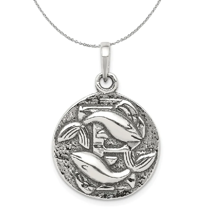 Rustic wooden necklace-Sterling Silver Pisces the Fish Zodiac Embossed Circle Necklace