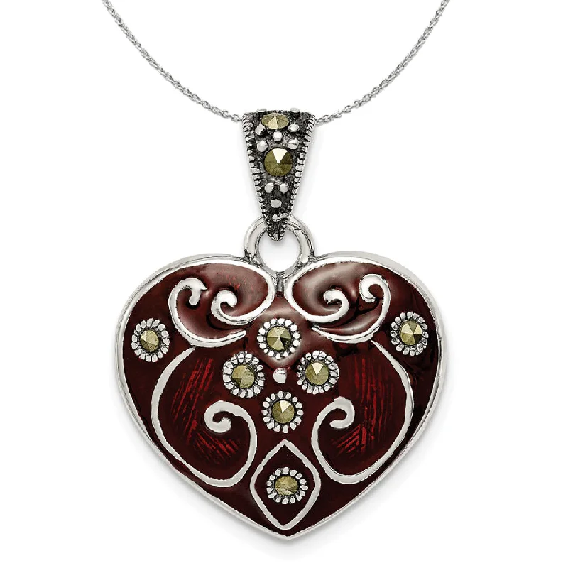 Sterling Silver, Red Enamel and Marcasite Heart 21mm Necklace