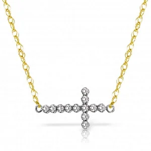 Layered bohemian necklace-0.18 Carat 14K Solid Yellow Gold Horizontal Cross Diamond Necklace