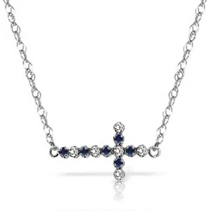 Adjustable cord necklace-0.24 Carat 14K Solid White Gold Cross Necklace Diamond Sapphire