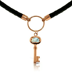 Cluster emerald necklace-0.5 Carat 14K Solid Rose Gold Leather Key Necklace Aquamarine