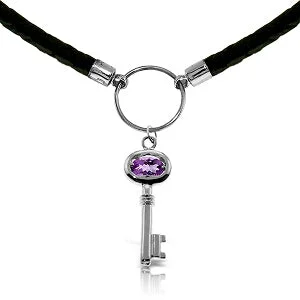 Gold chain necklace-0.5 Carat 14K Solid White Gold Leather Key Necklace Amethyst