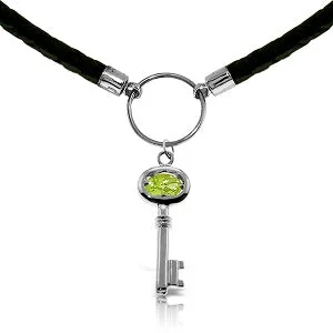 Elegant halo necklace-0.5 Carat 14K Solid White Gold Leather Key Necklace Peridot