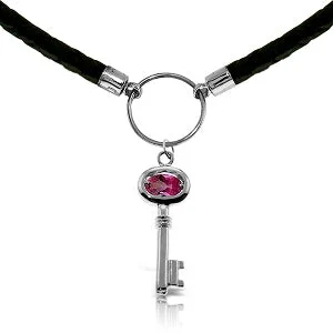 Gold plated necklace-0.5 Carat 14K Solid White Gold Leather Key Necklace Pink Topaz