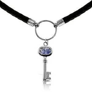 Hexagon charm necklace-0.5 Carat 14K Solid White Gold Leather Key Necklace Tanzanite