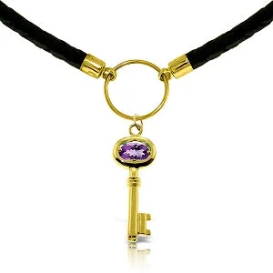 Dainty initial necklace-0.5 Carat 14K Solid Yellow Gold Leather Key Necklace Amethyst