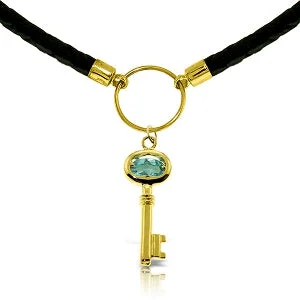 Pink tourmaline necklace-0.5 Carat 14K Solid Yellow Gold Leather Key Necklace Blue Topaz