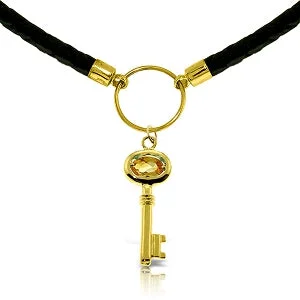 Crystal drop necklace-0.5 Carat 14K Solid Yellow Gold Leather Key Necklace Citrine