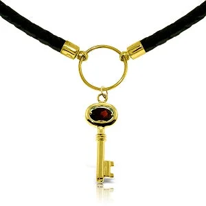 Layered bohemian necklace-0.5 Carat 14K Solid Yellow Gold Leather Key Necklace Garnet