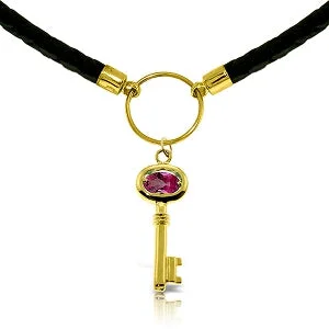 Lapis lazuli necklace-0.5 Carat 14K Solid Yellow Gold Leather Key Necklace Pink Topaz